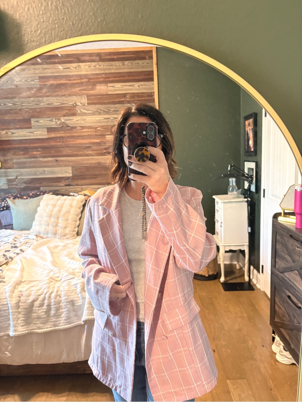 Lena Pink Plaid Double Breasted Longline Blazer Size Large